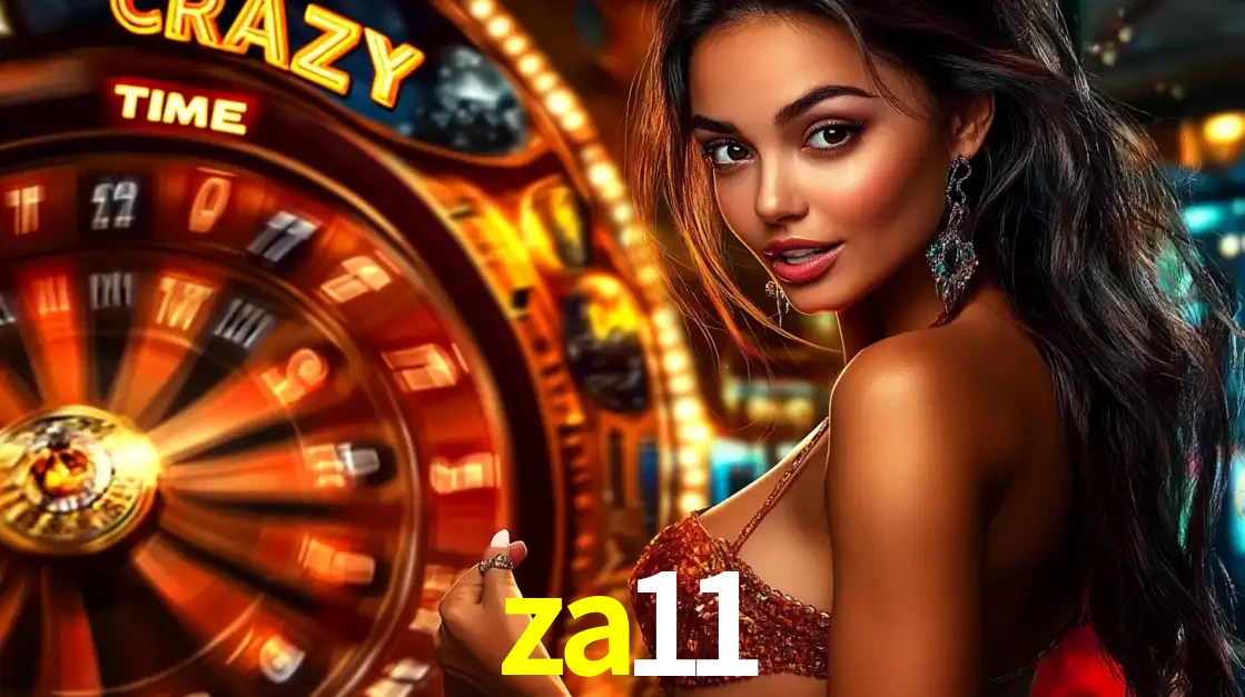 Mulher ao lado da roda de prêmios do jogo de cassino ao vivo Crazy Time, um dos shows de jogos mais emocionantes oferecidos pela plataforma de apostas za11.